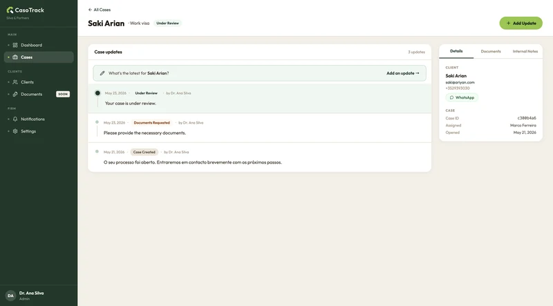 Every status change and message sits on the case timeline, with client details, documents and internal notes alongside.