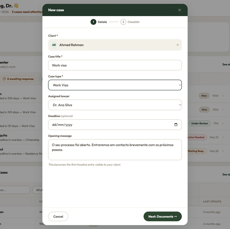 A new case starts with the client, case type and lawyer. The opening message becomes the first entry on the client’s timeline.