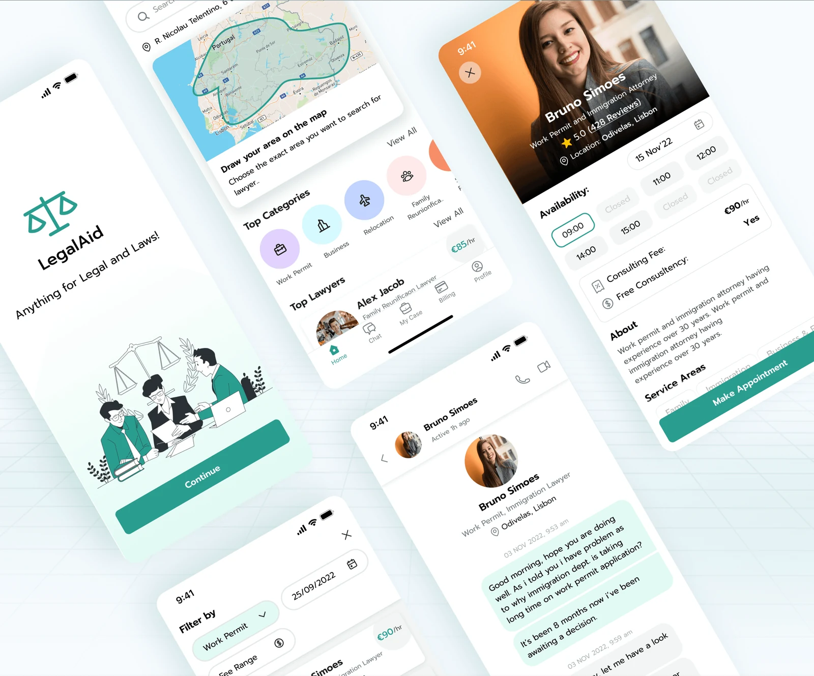 LegalAid lawyer discovery, booking and legal assistance app screens