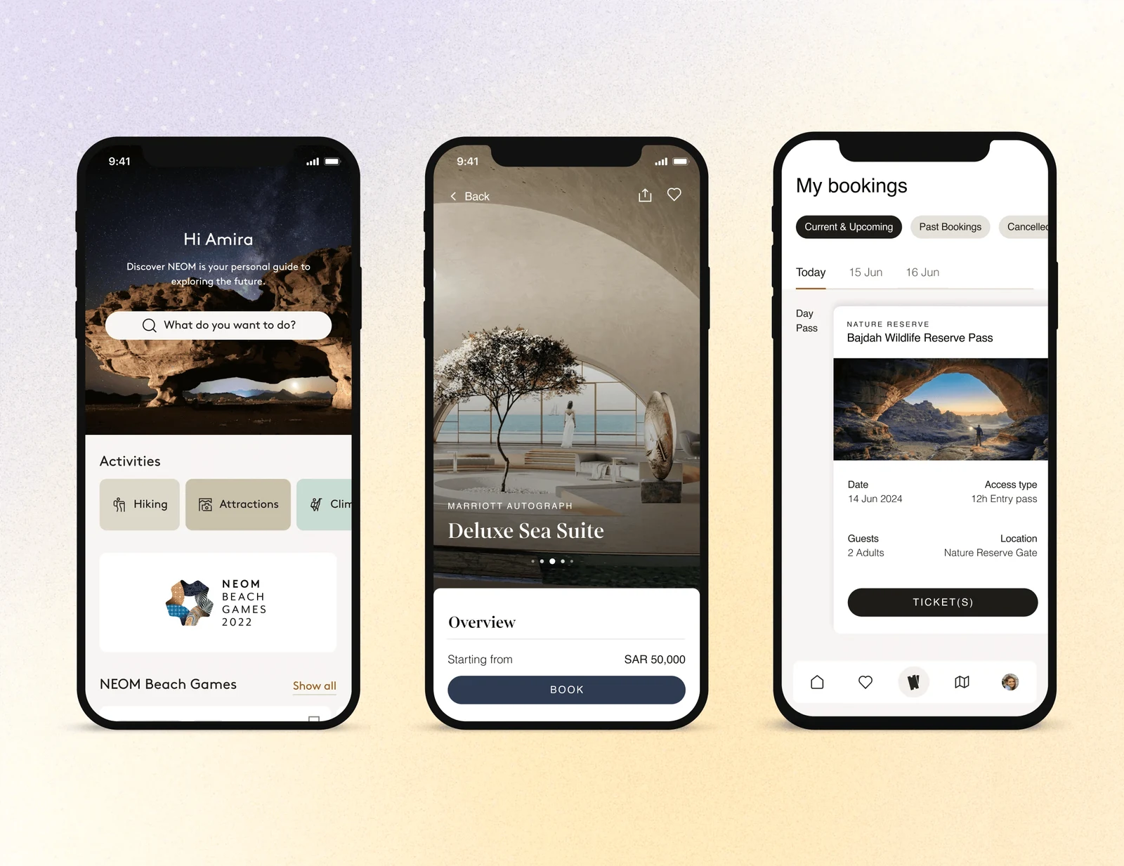 Visit NEOM mobile app screens for exploring destinations and experiences