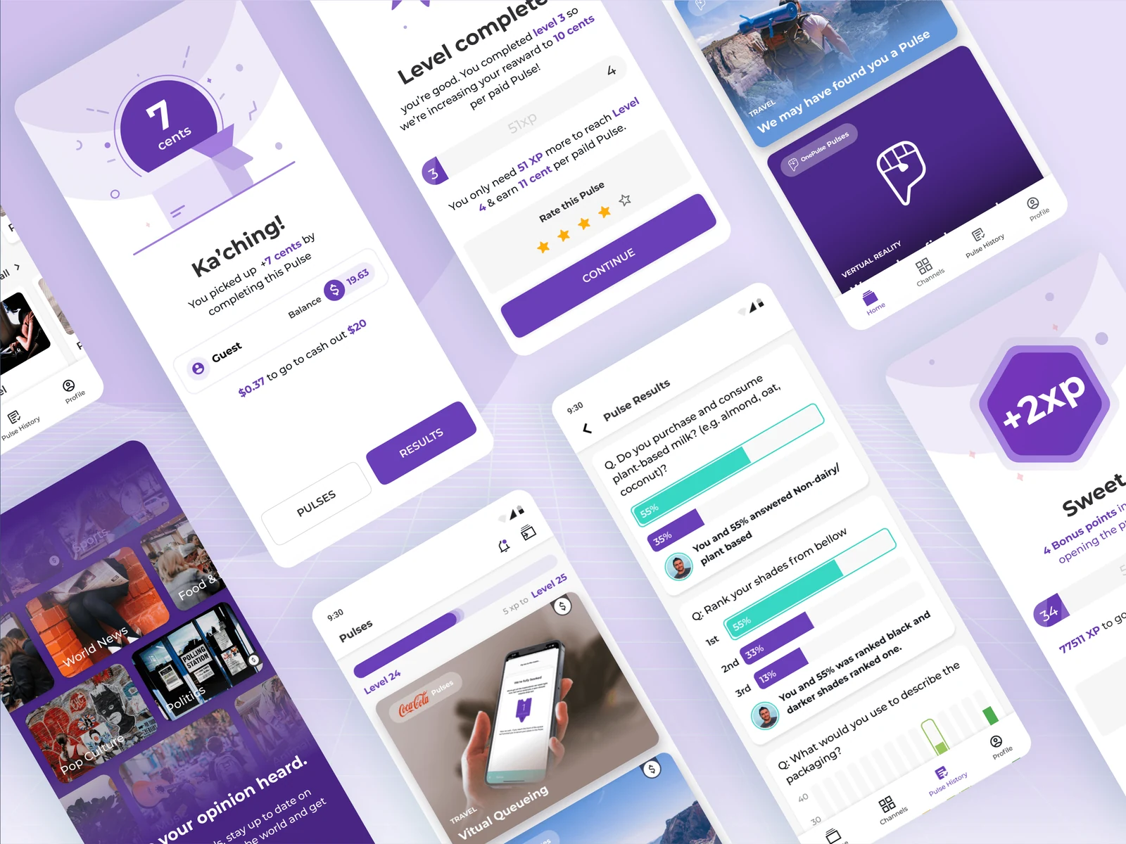OnePulse survey, results, feed and rewards screens
