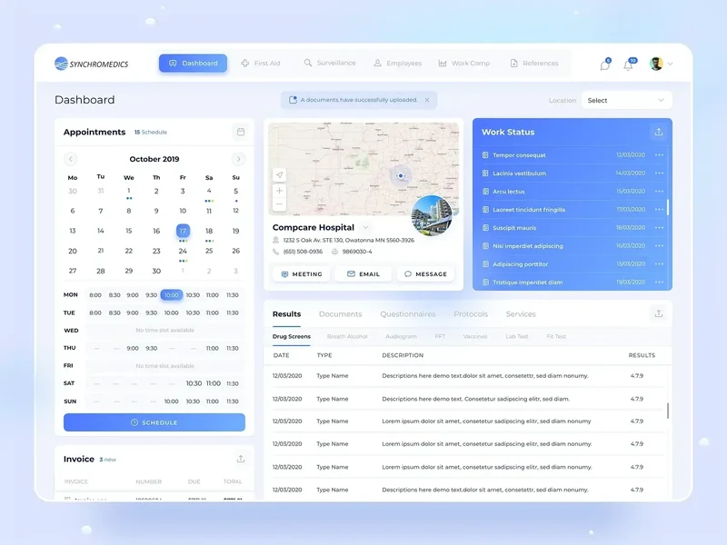 Synchromedics clinic dashboard with appointments, maps and work status