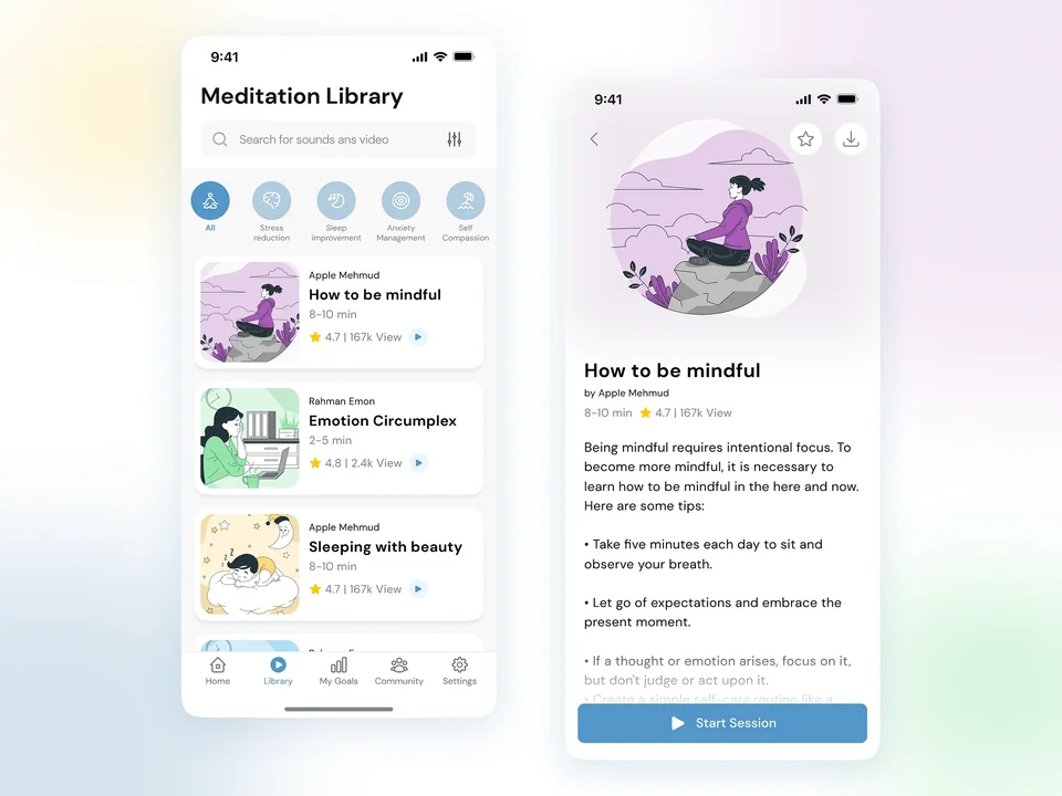 Meditation library and session detail screens