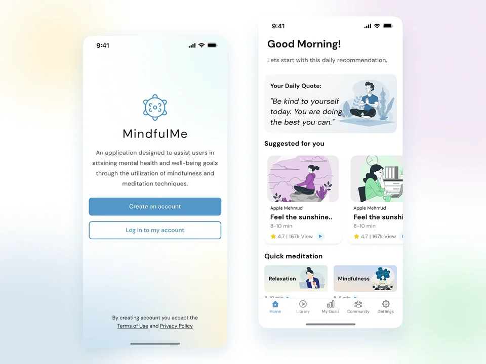 MindfulMe meditation app: welcome and home screens