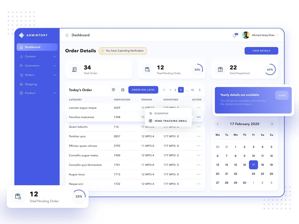 Order management dashboard with a delivery calendar