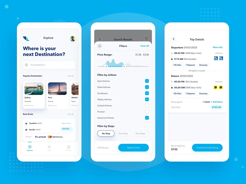Travel app flow from destination search to trip details